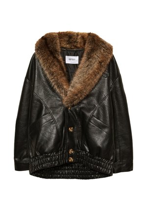 Schwarze Lederjacke mit braunem Kunstfellkragen, Knopfverschluss vorne und elastischem Gathered-Saum. Strukturierte Oberfläche mit seitlichen Taschen.