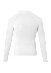 Chemise de sport à manches longues blanche avec une coupe ajustée, texture côtelée et col haut. Présente un subtil motif décoratif au dos.