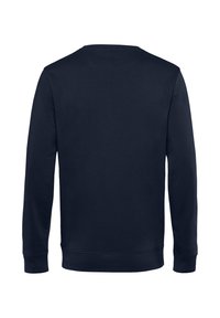 Felpa blu navy con maniche lunghe, scollatura rotonda e polsini a costine. Tessuto dalla superficie liscia, design semplice, senza loghi o motivi visibili.