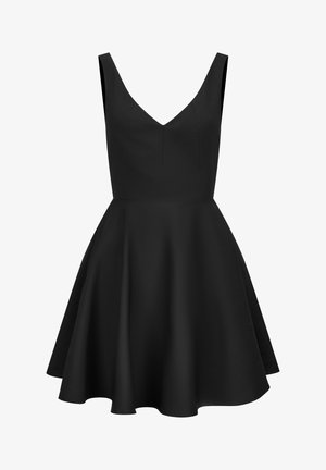 Zwarte mouwloze jurk met diepe V-hals en uitlopende rok, tot op de knie, gladde stof, zonder patronen of versieringen.