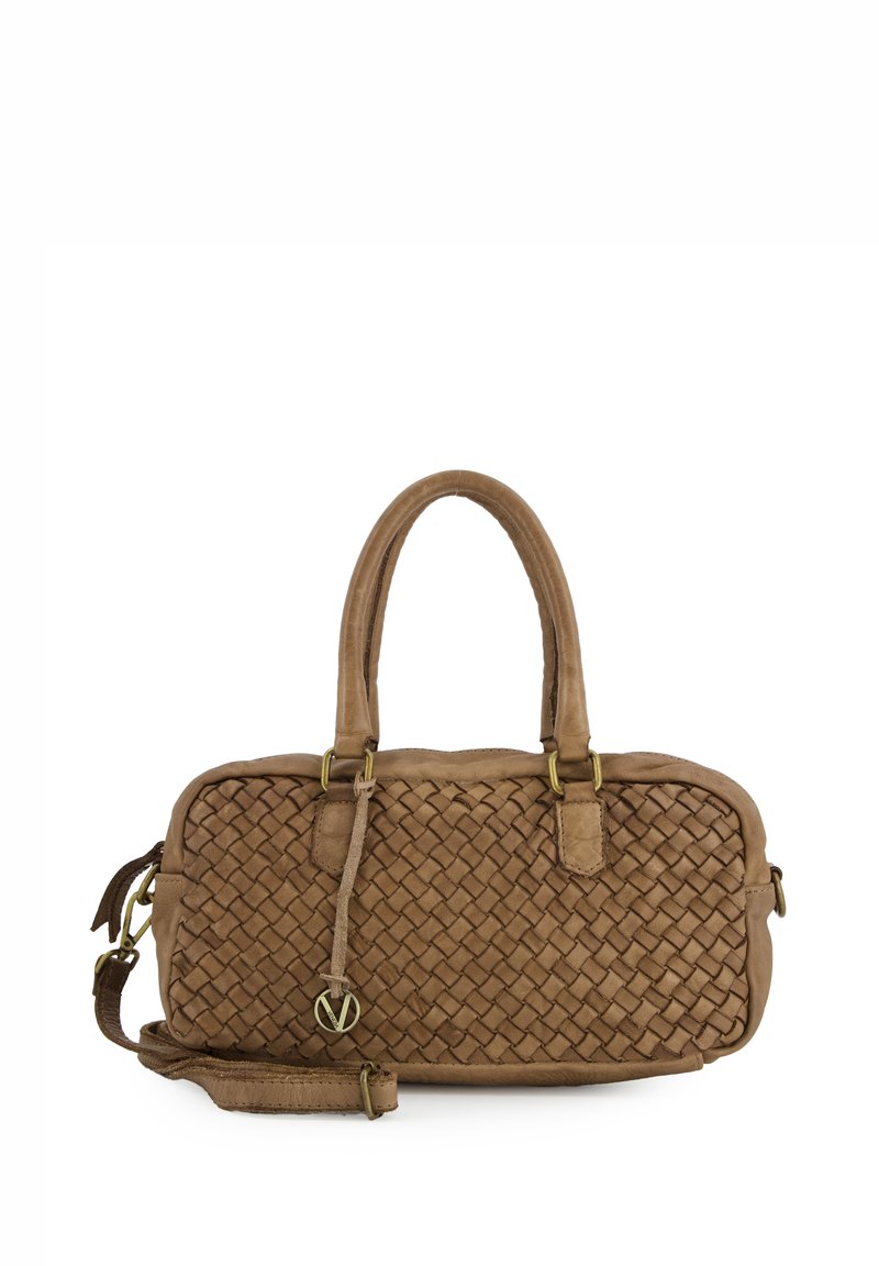 Brown woven leather handbag with two handles, a removable shoulder strap, brass hardware, and a textured finish. Features a zip closure.