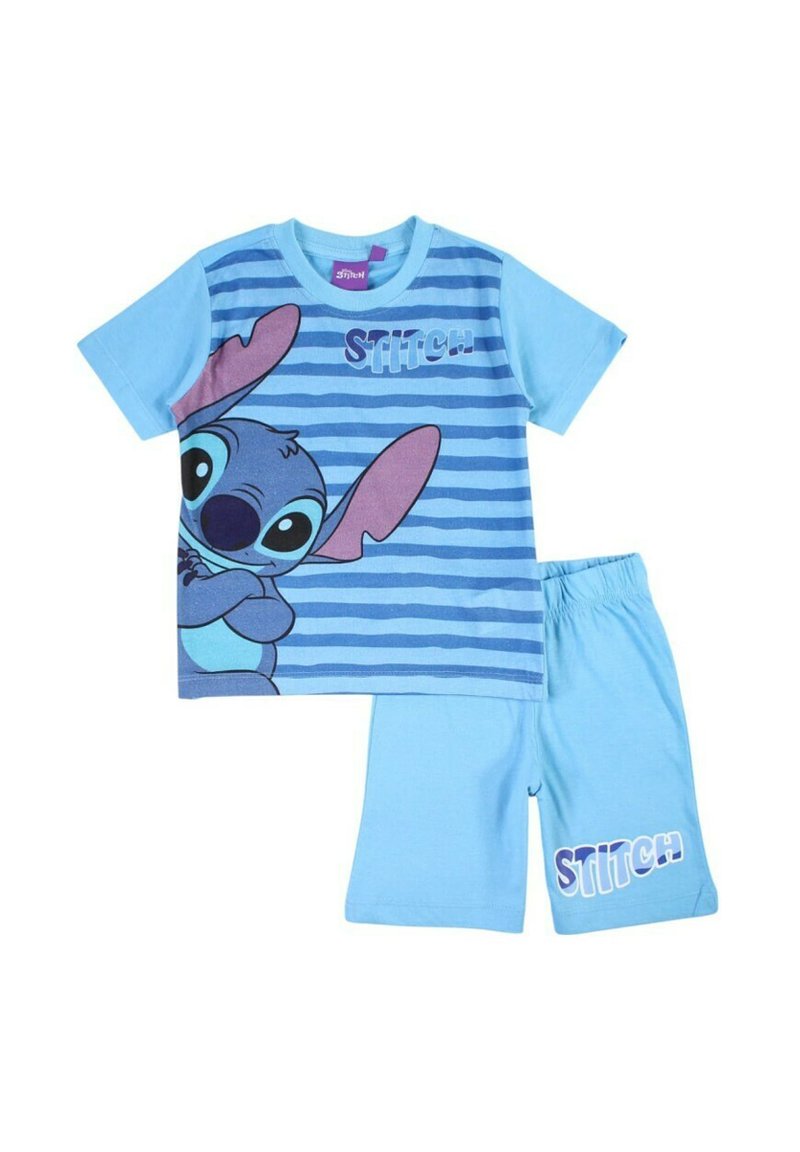 Ensemble de pyjama en coton bleu composé d'un t-shirt à rayures avec un motif Stitch, associé à un short uni bleu. Tissu doux et confortable.