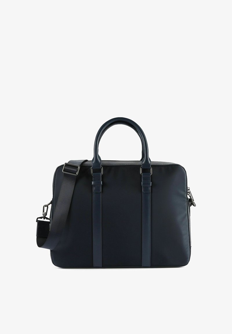 Navyblauwe laptoptas met een gladde textuur, dubbele bovenhandvatten, afneembare schouderriem en metalen hardware-accenten.