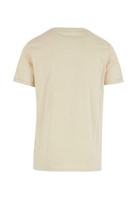 Short-sleeve, light beige T-shirt made of soft fabric with a smooth texture and a classic crew neckline; no visible logos or patterns.