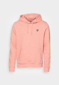 Felpa rosa realizzata in tessuto morbido, con tasca frontale, cappuccio regolabile con cordino e un piccolo logo giallo sul petto.