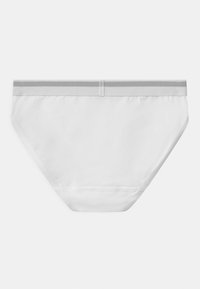 White cotton briefs with a flat elastic waistband featuring grey stripes. Smooth texture with stitched edges and a classic bikini cut design.