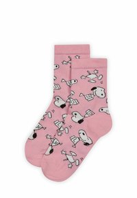 Rosa Baumwollsocken mit einem sich wiederholenden Muster von Snoopy in verschiedenen Posen, mit schwarzen Akzenten und weißen Details. Glatte Textur.