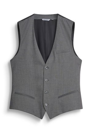 Gilet da uomo grigio sartoriale con quattro bottoni, tre tasche frontali e fodera interna nera, adatto per abbigliamento formale.