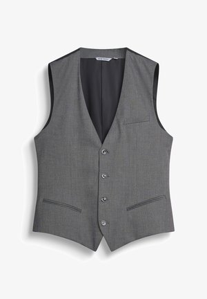 Gilet da uomo grigio sartoriale con quattro bottoni, tre tasche frontali e fodera interna nera, adatto per abbigliamento formale.