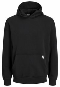 Black hoodie constructed from soft fabric featuring a kangaroo pocket and ribbed cuffs. Includes a drawstring hood and minimalist label detail.