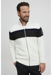 Sudadera con cremallera en crema con rayas horizontales en azul marino y gris oscuro. Presenta un cuello alto, puños acanalados y un parche con el logotipo en la manga.