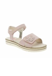 Roze lederen sandalen met verstelbare band, bloemenmotief met parelaccent, textuur inlegzool en witte rubberen zool met grip.
