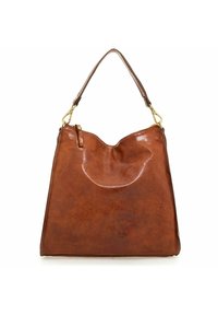 Borsa a spalla in pelle marrone con una finitura liscia e lucida. Presenta una parte superiore curvata, una tracolla e dettagli in metallo dorato.