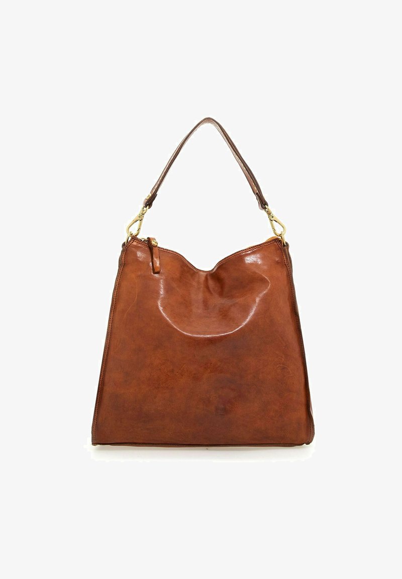 Borsa a spalla in pelle marrone con una finitura liscia e lucida. Presenta una parte superiore curvata, una tracolla e dettagli in metallo dorato.