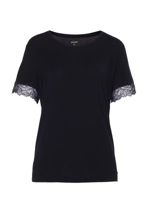Černé tričko s krátkými rukávy, kulatým výstřihem a krajkovým lemováním na okrajích rukávů, střední velikost.