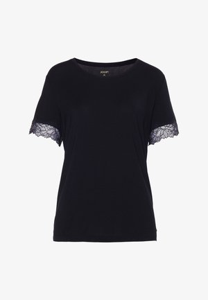 Czarny T-shirt z krótkim rękawem, okrągłym dekoltem i koronkową lamówką na krawędziach rękawów, rozmiar średni.