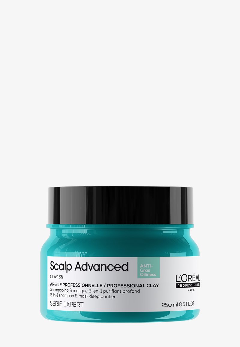 Turkooizen pot van L'Oréal Professionnel Scalp Advanced professionele klei 2-in-1 shampoo en masker, 250 ml, voor de behandeling van een vette hoofdhuid.