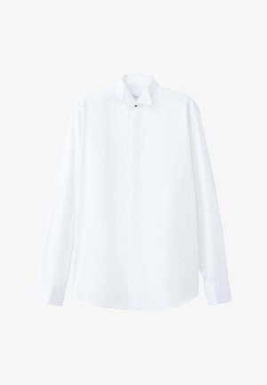 Chemise blanche pour homme à manches longues avec patte de boutonnage cachée et un bouton noir au col, présentée sur fond blanc.