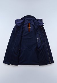 Laivastonsininen huppari, jossa oranssi vetoketju, verkkovuori, kiristysnauha vyötäröllä ja sisätaskut. Teksturoidun kankaan viimeistely.