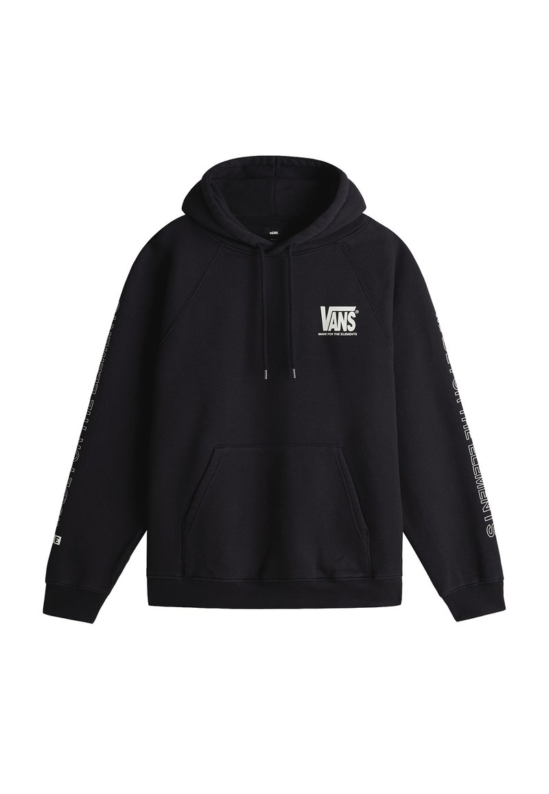 Sudadera negra con capucha y bolsillo delantero. Presenta un logo blanco en el pecho y texto a lo largo de las mangas. Fabricada con un tejido suave y duradero.