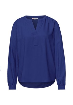 Langærmet marineblå bluse med V-udskæring, ståkrave og knappede manchetter, der har en let buet kant og en afslappet pasform.