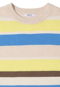 Pull en maille beige avec des rayures horizontales en jaune, bleu, crème et marron, doté d'un col rond et d'une étiquette "CECIL" à l'intérieur.