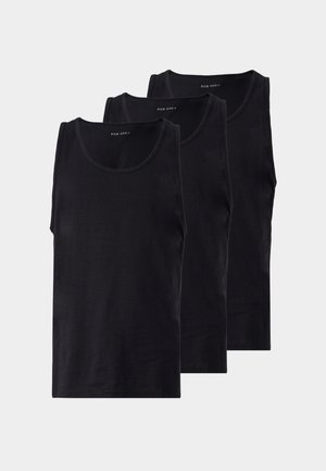 Lot de trois débardeurs en coton noir, avec un col rond et sans manches, texture douce et coupe classique.