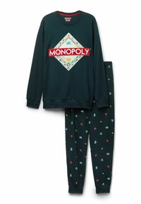 Conjunto de pijama de algodón verde que incluye una sudadera de cuello redondo con el logo de Monopoly y un diseño de diamantes; pantalones a juego con iconos de juego multicolores.