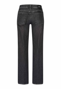 Schwarze Denim-Jeans mit geradem Bein, zwei Gesäßtaschen und einem Etikett am Bund, glatte Textur und gleichmäßige Farbe.