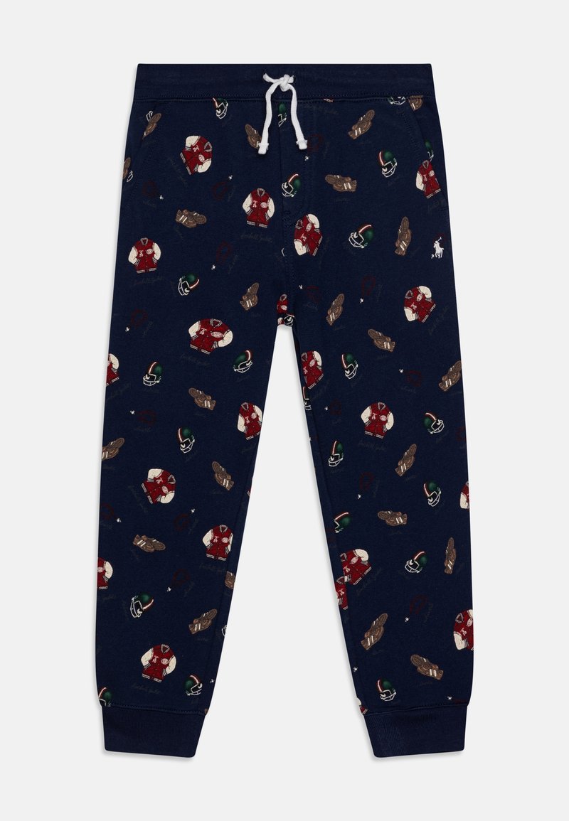 Navy pajama pants made of cotton, featuring a playful pattern of red sweaters, helmets, and brown mittens. Adjustable white drawstring at waist.