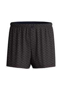 Marineblauwe boxers met een algeheel geometrisch patroon in lichtbruin. Beschikt over een elastische tailleband en een sluiting met drie knopen.