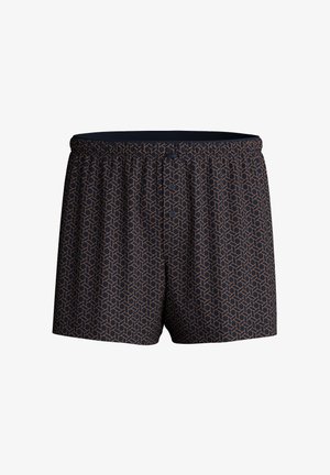 Marineblauwe boxers met een algeheel geometrisch patroon in lichtbruin. Beschikt over een elastische tailleband en een sluiting met drie knopen.