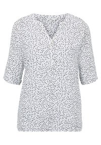 Weiße Bluse mit V-Ausschnitt und kurzen Ärmeln, mit einem schwarz-blauen Punktemuster. Weicher Stoff mit lockerem Sitz und geradem Saum.