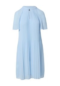 Hellblau gefülltes Kleid mit kurzen Ärmeln, hohem Kragen und einem Reißverschluss auf der Rückseite. Hergestellt aus weichem Stoff mit einer fließenden Silhouette.