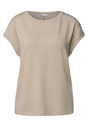 Beige kortärmad T-shirt i mjukt tyg, med präglingen "NEW PATH" framtill och en avslappnad passform.