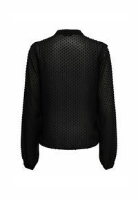 Sort gennemskinnelig bluse med lange ærmer, der har et struktureret prikmønster og en rund halsudskæring. Stoffet er let og let gennemsigtigt.