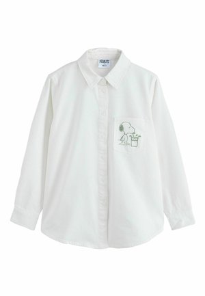 White long-sleeve button-up shirt with collar, featuring Snoopy drinking from a cup printed on the left chest pocket.