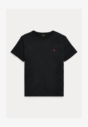 Camiseta negra de manga corta con cuello en V y pequeño logotipo rojo de Polo Ralph Lauren bordado en el pecho izquierdo.