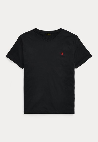 Μαύρο T-shirt με V-λαιμόκοψη και κοντά μανίκια, με μικρό κόκκινο κεντημένο λογότυπο Polo Ralph Lauren στο αριστερό στήθος.
