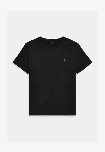 Μαύρο T-shirt με V-λαιμόκοψη και κοντά μανίκια, με μικρό κόκκινο κεντημένο λογότυπο Polo Ralph Lauren στο αριστερό στήθος.