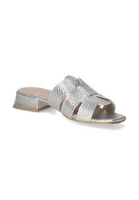 Silver leather slide sandals with a textured finish, open toe, and crisscross strap design. Low block heel with a smooth sole.
