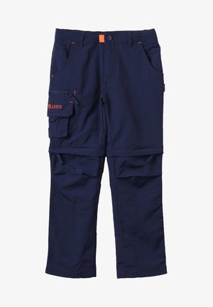 Navy blue children's convertible pants with zip-off legs, multiple pockets including a zip and flap cargo pocket with orange "KILLKIDS" text.