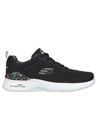 Scarpa sportiva nera con tomaia in rete, suola bianca e dettagli floreali sul tallone. Presenta un logo sul lato e un design con lacci.