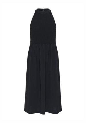 Mustmustahiline kleit, millel on smockitud rinnaosa, voogav seelik ja seljal avatud lukk. Pehme, kerge kangas sujuva tekstuuriga.