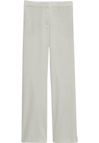 Pantalons à jambes larges en tissu léger, de couleur gris clair. Dotés d'une fermeture éclair et de deux poches avant. Texture lisse.