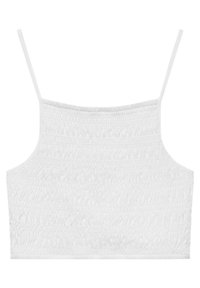 Haut court blanc avec une texture smockée, bretelles fines réglables et encolure droite. Design simple, tissu léger.
