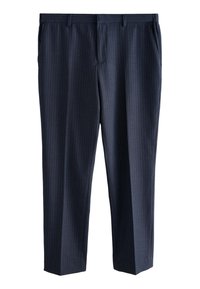 Pantalon de costume bleu marine pour homme avec fines rayures verticales, poches latérales, passants de ceinture et fermeture éclair à l'avant.