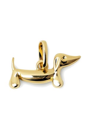 Gouden dackelbedel met een gepolijste afwerking, lang lichaam en gedetailleerd hoofd en oren. Beschikt over een klein lusje voor bevestiging.