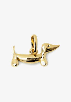 Gold-tone dachshund charm with a polished finish, elongated body, and detailed head and ears. Features a small loop for attachment.