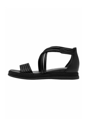 Schwarze Sandale mit flacher Sohle, die mehrere Riemen und ein geripptes Design im Zehenbereich aufweist. Hergestellt aus glattem, synthetischem Material.